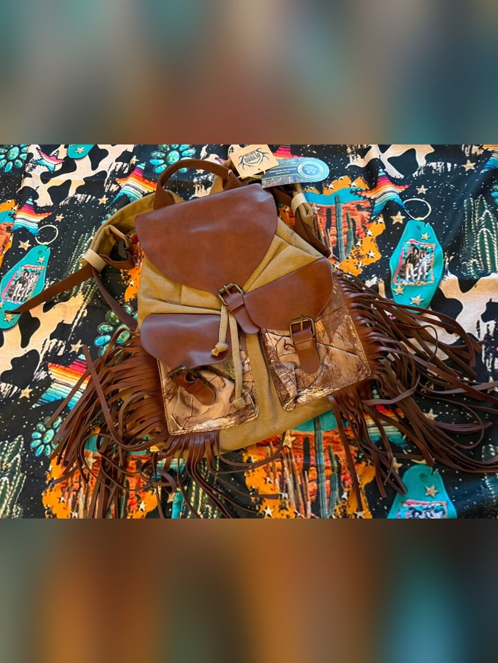 Real Tree Fringed Canvas & Leather Backpack in Brown & Tan